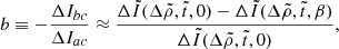 $$ \begin{aligned} b \equiv -\frac{\Delta I_{bc}}{\Delta I_{ac}}\approx \frac{\Delta \tilde{I}(\Delta \tilde{\rho },\tilde{t},0)-\Delta \tilde{I}(\Delta \tilde{\rho },\tilde{t},\beta )}{\Delta \tilde{I}(\Delta \tilde{\rho },\tilde{t},0)}, \end{aligned} $$