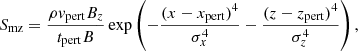 $$ \begin{aligned} S_{\rm mz}&=\frac{\rho v_{\rm pert}B_{z}}{t_{\rm pert}B}\exp \left({-\frac{(x-x_{\rm pert})^4}{\sigma _x^4}-\frac{(z-z_{\rm pert})^4}{\sigma _z^4}}\right), \end{aligned} $$