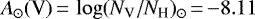 $A_{\odot}(\textrm{V})\,{=}\,\log (N_{\textrm{V}}/N_{\textrm{H}})_{\odot}\,{=}\,{-}8.11$