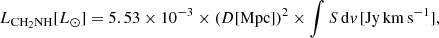 $$ \begin{aligned} L_{\mathrm{CH_2NH}}[L_\odot ]=5.53\times 10^{-3}\times (D[\mathrm{Mpc}])^2\times \int {S}\,{{\mathrm{d}} \textit{v}}\,[\mathrm{Jy\,km\,s^{-1}}], \end{aligned} $$