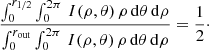 $$ \begin{aligned} \frac{\int _0^{r_{1/2}} \int _0^{2 \pi } \, I(\rho ,\theta ) \, \rho \,\mathrm{d} \theta \, \mathrm{d} \rho }{\int _0^{r_{\mathrm{out} }} \int _0^{2\pi } \, I(\rho ,\theta ) \, \rho \,\mathrm{d} \theta \, \mathrm{d} \rho } = \frac{1}{2}\cdot \end{aligned} $$