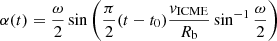 $ \alpha(t) = \frac{\omega}{2}\sin\left(\frac{\pi}{2}(t-t_0)\frac{v_{\mathrm{ICME}}}{R_{\mathrm{b}}}\sin^{-1}\frac{\omega}{2}\right) $