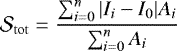 \begin{equation*}\centering\mathcal{S}_{\mathrm{tot}}=\frac{\sum_{i=0}^{n} |I_{i}-I_{0}|A_{i}}{\sum_{i=0}^{n} A_{i}}\end{equation*}