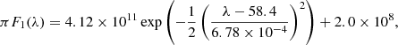 $$ \begin{aligned} \pi F _{1}(\lambda )= 4.12 \times 10^{11} \exp \left(- \frac{1}{2}\left(\frac{\lambda - 58.4}{6.78 \times 10^{-4}}\right)^2 \right) + 2.0 \times 10^8, \end{aligned} $$
