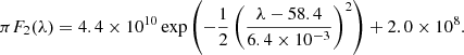 $$ \begin{aligned} \pi F _{2}(\lambda )= 4.4\times 10^{10} \exp \left(-\frac{1}{2}\left(\frac{\lambda - 58.4}{6.4 \times 10^{-3}}\right)^2 \right) + 2.0 \times 10^8. \end{aligned} $$