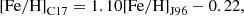 $$ \begin{aligned} \mathrm{[Fe/H]}_{\rm C17} = 1.10\mathrm{[Fe/H]}_{\rm J96} - 0.22, \end{aligned} $$