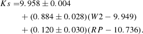 $$ \begin{aligned} Ks =&9.958\pm 0.004\nonumber \\&+ (0.884\pm 0.028)(W2-9.949)\nonumber \\&+ (0.120\pm 0.030)(RP-10.736). \end{aligned} $$