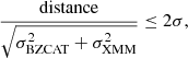 $$ \begin{aligned} \frac{\mathrm{distance}}{\sqrt{\sigma _{\rm BZCAT}^2 + \sigma _{\rm XMM}^2}} \le 2\sigma , \end{aligned} $$