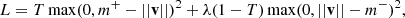 $$ \begin{aligned} L = T \max (0, m^{+} - ||\mathbf v ||)^2 + \lambda (1-T)\max (0, ||\mathbf v || - m^{-})^2, \end{aligned} $$