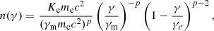 $$ \begin{aligned} n(\gamma ) =\frac{K_{\rm e} m_{\rm e} c^2}{(\gamma _{\rm m} m_{\rm e} c^2)^p} \left(\frac{\gamma }{\gamma _{\rm m}}\right)^{-p} \left(1-\frac{\gamma }{\gamma _c}\right)^{p-2}, \end{aligned} $$