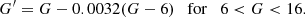 $$ \begin{aligned} G^{\prime } = G - 0.0032(G-6) \quad \mathrm{for}\quad 6 < G < 16. \end{aligned} $$
