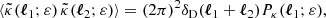 $$ \begin{aligned} \langle {\tilde{\kappa }(\boldsymbol{\ell }_1;\varepsilon )\, \tilde{\kappa }(\boldsymbol{\ell }_2;\varepsilon ) }\rangle = (2\pi )^2\delta _{\mathrm{D} }(\boldsymbol{\ell }_1+\boldsymbol{\ell }_2) P_\kappa (\boldsymbol{\ell }_1;\varepsilon ), \end{aligned} $$