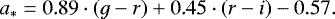 \begin{equation*}a_{*} = 0.89\cdot(g-r) + 0.45\cdot(r-i) - 0.57.\end{equation*}