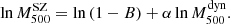 $$ \begin{aligned} \ln M_{500}^\mathrm{SZ} = \ln \left( 1-B \right) + \alpha \ln M_{500}^\mathrm{dyn}. \end{aligned} $$
