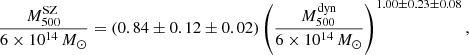 $$ \begin{aligned} \frac{M_{500}^\mathrm{SZ}}{6\times 10^{14}\,{M}_{\odot }} = \left(0.84\pm 0.12\pm 0.02 \right) \left(\frac{M_{500}^\mathrm{dyn}}{6\times 10^{14}\,{M}_{\odot }} \right)^{1.00\pm 0.23\pm 0.08}, \end{aligned} $$