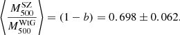 $$ \begin{aligned} \left\langle \frac{M_{500}^\mathrm{SZ}}{M_{500}^\mathrm{WtG}} \right\rangle = \left( 1-b \right) = 0.698 \pm 0.062. \end{aligned} $$