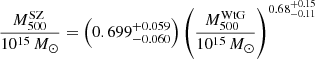 $$ \begin{aligned} \frac{M_{500}^\mathrm{SZ}}{10^{15}\,{M}_{\odot }} = \left(0.699_{-0.060}^{+0.059}\right)\left(\frac{M_{500}^\mathrm{WtG}}{10^{15}\,{M}_{\odot }}\right)^{0.68^{+0.15}_{-0.11}} \end{aligned} $$
