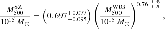 $$ \begin{aligned} \frac{M_{500}^\mathrm{SZ}}{10^{15}\,{M}_{\odot }} = \left(0.697_{-0.095}^{+0.077}\right)\left(\frac{M_{500}^\mathrm{WtG}}{10^{15}\,{M}_{\odot }}\right)^{0.76^{+0.39}_{-0.20}}, \end{aligned} $$
