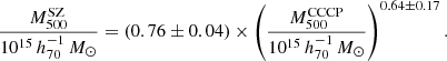 $$ \begin{aligned} \frac{M_{500}^\mathrm{SZ}}{10^{15}\,h_{70}^{-1}\,{M_\odot }} = \left(0.76 \pm 0.04 \right) \times \left(\frac{M_{500}^\mathrm{CCCP}}{10^{15}\,h_{70}^{-1}\,{M_\odot }} \right)^{0.64\pm 0.17}. \end{aligned} $$