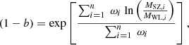 $$ \begin{aligned} \left( 1-b \right) = \mathrm{exp} \left[ \frac{\sum _{i=1}^{n}\ \omega _i\ \mathrm{ln}\left( \frac{{ M}_{\mathrm{SZ},i}}{{ M}_{\mathrm{WL},i}} \right)}{\sum _{i=1}^{n}\ \omega _i} \right], \end{aligned} $$