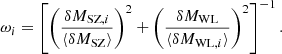 $$ \begin{aligned} \omega _i = \left[ \left( \frac{\delta M_{\mathrm{SZ},i}}{\langle \delta M_{\rm SZ} \rangle }\right)^2 + \left( \frac{\delta M_{\rm WL}}{\langle \delta M_{\mathrm{WL},i}\rangle } \right)^2 \right]^{-1}. \end{aligned} $$