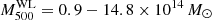 $ M_{500}^{\mathrm{WL}}=0.9-14.8 \times 10^{14}\,{{M}_{\odot}} $
