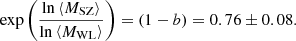 $$ \begin{aligned} \exp \left(\frac{\ln \left\langle M_{\rm SZ} \right\rangle }{\ln \left\langle M_{\rm WL} \right\rangle } \right) = \left( 1-b \right) = 0.76 \pm 0.08. \end{aligned} $$