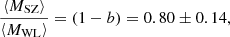 $$ \begin{aligned} \frac{\left\langle M_{\rm SZ} \right\rangle }{\left\langle M_{\rm WL} \right\rangle } = \left( 1-b \right) = 0.80 \pm 0.14, \end{aligned} $$