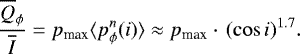 \begin{equation*}\frac{\overline{Q}_{\phi}}{\overline{I}}=p_{\textrm{max}} \langle p_{\phi}^n(i)\rangle \approx p_{\textrm{max}} \cdot\, (\cos i){}^{1.7}.\end{equation*}