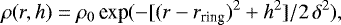 \begin{equation*}\rho(r,h) = \rho_0\, \textrm{exp}(-[(r-r_{\textrm{ring}}){}^2+h^2]/2\,\delta^2),\end{equation*}