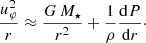 $$ \begin{aligned} \frac{u_\varphi ^2}{r}&\approx \frac{G\,M_\star }{r^2} + \frac{1}{\rho }\frac{\mathrm{d}P}{\mathrm{d}r}\cdot \end{aligned} $$