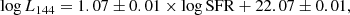 $$ \begin{aligned} \log L_{144} = 1.07 \pm 0.01 \times \log \mathrm{SFR} + 22.07 \pm 0.01, \end{aligned} $$