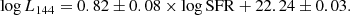 $$ \begin{aligned} \log L_{144} = 0.82 \pm 0.08 \times \log \mathrm{SFR} + 22.24 \pm 0.03. \end{aligned} $$