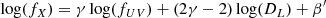 $$ \begin{aligned} \mathrm{log} (f_{X}) = \gamma \, \mathrm{log} (f_{UV}) + (2\gamma -2) \,\mathrm{log} (D_{L}) + \beta ^{\prime } \end{aligned} $$