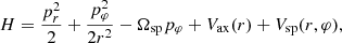 $$ \begin{aligned} H = \frac{ p_r^{2}}{2 }+ \frac{ p_\varphi ^{2}}{2r^2 }- \Omega _{\rm {sp}} p_\varphi + V_{\rm {ax}}(r)+ V_{\rm {sp}}( r,\varphi ), \end{aligned} $$