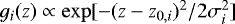 $g_i(z) \propto \exp[-(z-z_{0,i})^2/2 \sigma_i^2]$