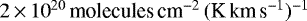 $2\,{\times}\,10^{20} \, \text{molecules} \, \text{cm}^{-2} \, (\text{K} \, \text{km} \, \text{s}^{-1})^{-1}$