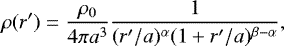 \begin{equation*} \rho(r\prime) = \frac{\rho_0}{4 \pi a^3} \frac{1}{(r\prime / a)^{\alpha} (1 + r\prime / a)^{\beta - \alpha}} ,\end{equation*}