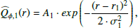 $$ \begin{aligned} \widehat{Q}_{\phi ,1}(r) = A_1 \cdot exp \left( - \frac{(r-r_1)^2}{2 \cdot \sigma _1^2} \right), \end{aligned} $$