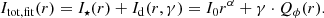 $$ \begin{aligned} I_{\rm tot, fit}(r) = I_{\star }(r) + I_{\rm d}(r,\gamma ) =I_0r^\alpha + \gamma \cdot Q_\phi (r). \end{aligned} $$