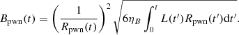 $$ \begin{aligned} B_{\rm pwn}(t) = \left(\frac{1}{R_{\rm pwn}(t)}\right)^2 \sqrt{6\eta _{B}\int _{0}^{t}L(t^{\prime })R_{\rm pwn}(t^{\prime })\mathrm{d}t^{\prime }}. \end{aligned} $$