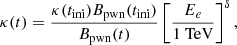 $$ \begin{aligned} \kappa (t) = \frac{\kappa (t_{\rm ini})B_{\rm pwn}(t_{\rm ini})}{B_{\rm pwn}(t)}\left[\frac{E_{e}}{1~\mathrm {TeV}} \right]^{\delta }, \end{aligned} $$