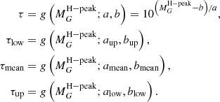 $$ \begin{aligned} \tau&= g\left(M_G^\mathrm{H-peak}; a, b\right) = 10^{\left(M_G^\mathrm{H-peak} - b \right)/a}, \nonumber \\ \tau _{\rm low}&= g\left(M_G^\mathrm{H-peak}; a_{\rm up}, b_{\rm up}\right), \nonumber \\ \tau _{\rm mean}&= g\left(M_G^\mathrm{H-peak}; a_{\rm mean}, b_{\rm mean}\right), \\ \tau _{\rm up}&= g\left(M_G^\mathrm{H-peak}; a_{\rm low}, b_{\rm low}\right).\nonumber \end{aligned} $$