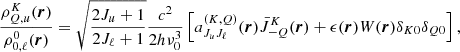 $$ \begin{aligned}&\frac{ \rho ^K_{Q,u}(\boldsymbol{r})}{\rho ^0_{0,\ell }(\boldsymbol{r})} = \sqrt{\frac{2J_u + 1}{2J_\ell + 1}} \frac{c^2}{2 h \nu _0^3} \left[ a_{J_u J_\ell }^{(K,Q)}(\boldsymbol{r})\bar{J}^K_{-Q}(\boldsymbol{r}) + \epsilon (\boldsymbol{r})W(\boldsymbol{r})\delta _{K0} \delta _{Q0} \right], \end{aligned} $$