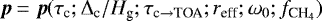 $\boldsymbol{p}=\boldsymbol{p}(\tau_{\textrm{c}}; \Delta_{\textrm{c}}/H_{\textrm{g}}; \tau_{{\textrm{c}\rightarrow {\textrm{TOA}}}}; r_{\textrm{eff}}; \omega_0; f_{{\textrm{CH}_4}})$
