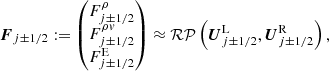 $$ \begin{aligned} \boldsymbol{F}_{j\pm 1/2} := \begin{pmatrix} F^\rho _{j\pm 1/2}\\ F^{\rho { v}}_{j\pm 1/2}\\ F^\mathrm{E}_{j\pm 1/2} \end{pmatrix} \approx \mathcal{RP} \left(\boldsymbol{U}_{j\pm 1/2}^\mathrm{L},\boldsymbol{U}_{j\pm 1/2}^\mathrm{R}\right), \end{aligned} $$