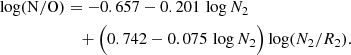 $$ \begin{aligned} \log (\mathrm{N/O} )&= -0.657 - 0.201\,\log N_2 \nonumber \\&\quad + \Bigl ( 0.742 - 0.075\,\log N_2 \Bigr ) \log (N_2 / R_2). \end{aligned} $$
