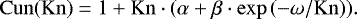 \begin{equation*}\mathrm{Cun(Kn)}= 1 + \mathrm{Kn} \cdot (\alpha + \beta \cdot \exp{(-\omega / \mathrm{Kn})}).\end{equation*}