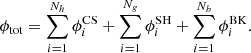 $$ \begin{aligned} \phi _{\rm tot}= \sum _{i=1}^{N_h}\phi _i^\mathrm{CS}+\sum _{i=1}^{N_{ g}}\phi _i^\mathrm{SH}+ \sum _{i=1}^{N_b}\phi _i^\mathrm{BK}. \end{aligned} $$