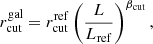 $$ \begin{aligned} r^\mathrm{gal}_{\rm cut}= r^\mathrm{ref}_{\rm cut} \left( \frac{L}{L_{\rm ref}} \right)^{\beta _{\rm cut}} , \end{aligned} $$